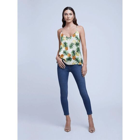 L'AGENCE Kylee Racer Pineapple Summer Silk Tank Top Sleeveless Tropical Size L - Picture 1 of 7